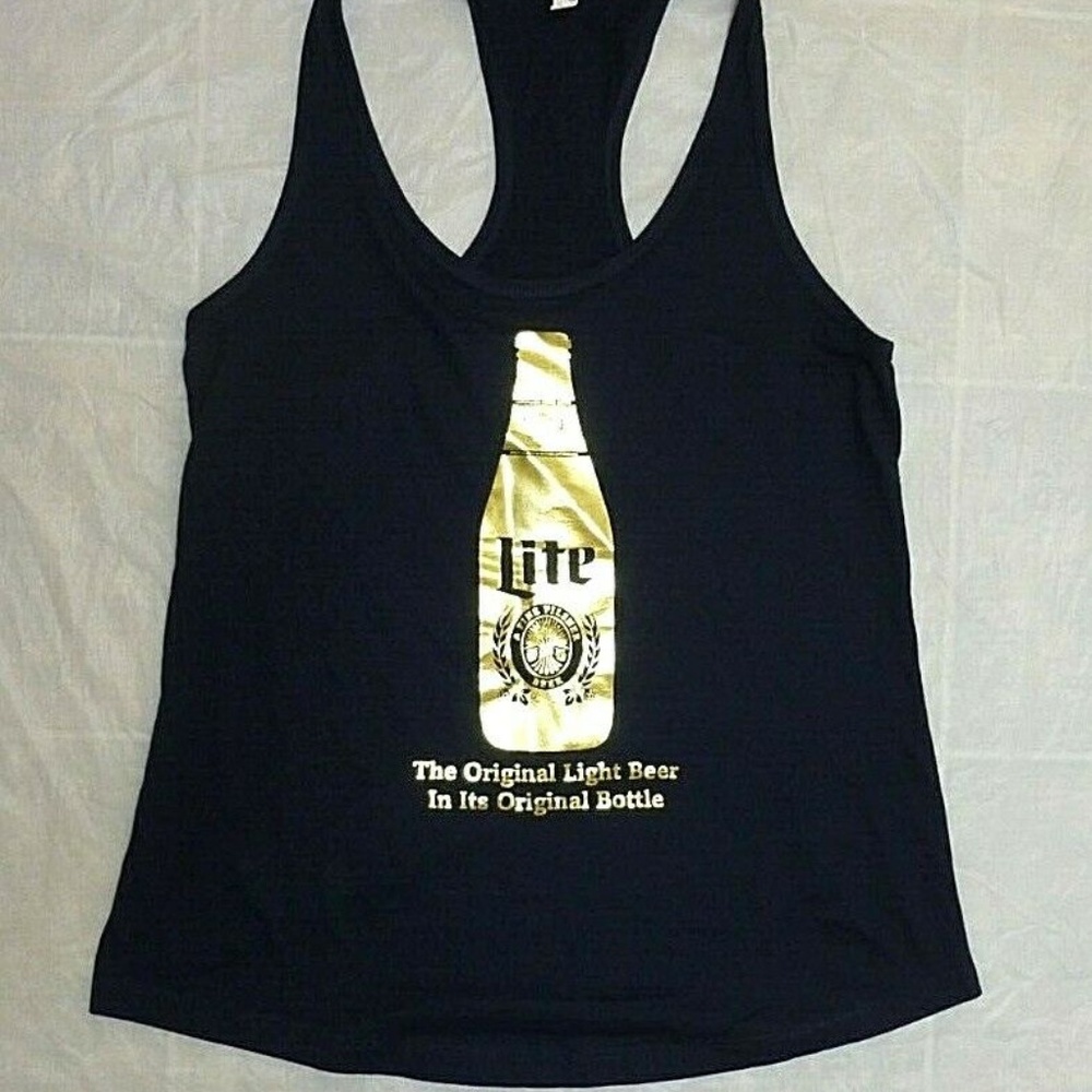 Black Racer Back Tank Top Gold MIller Lite Bottle